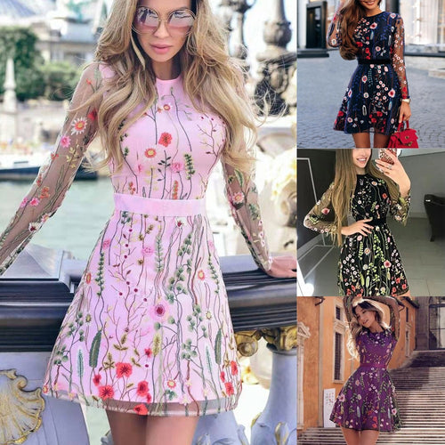 Damen Elegantes Kleid mit floraler Bestickung und transparenten Ärmeln Drune