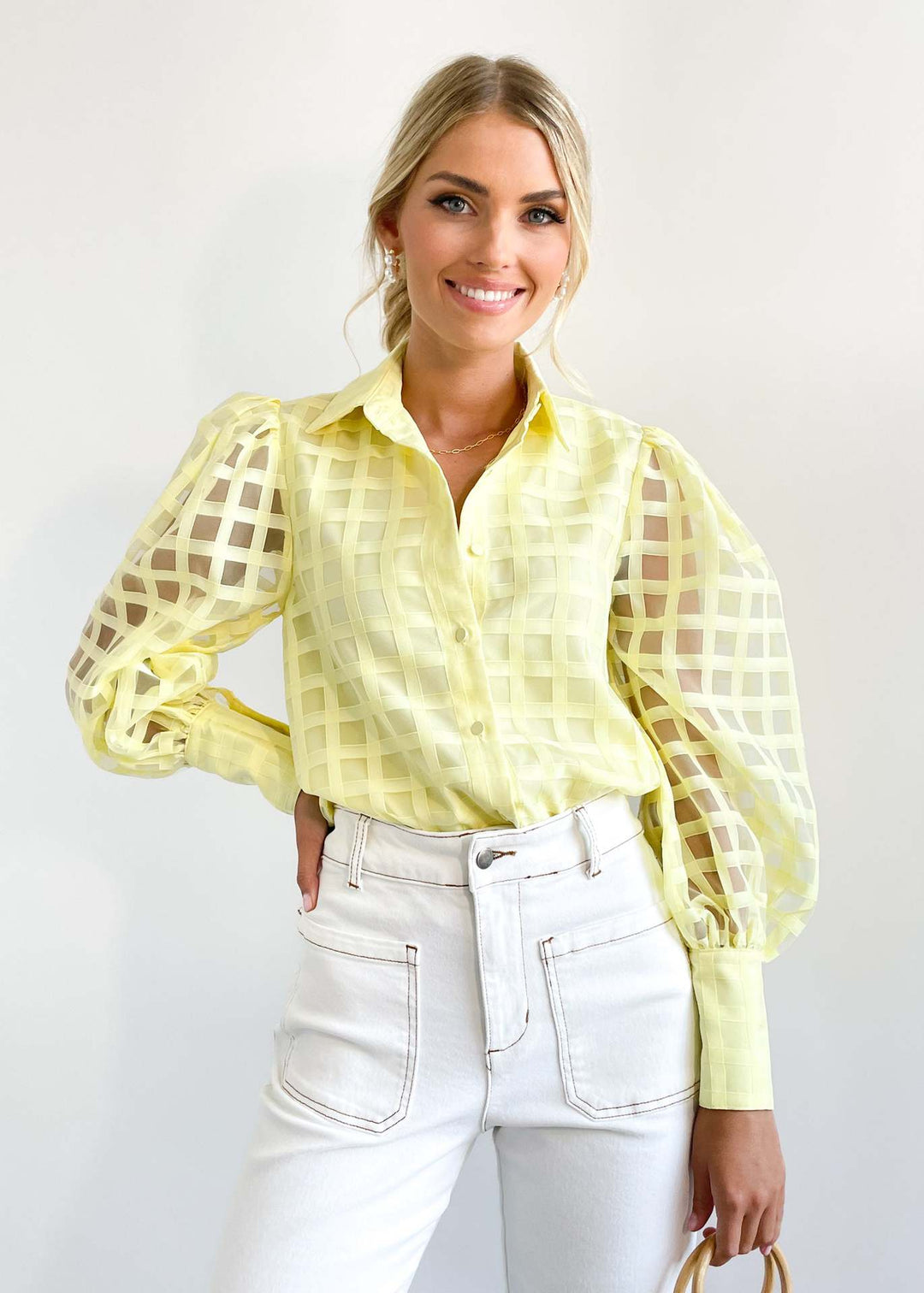 Damen Bluse mit Puffärmeln und Karomuster Drune