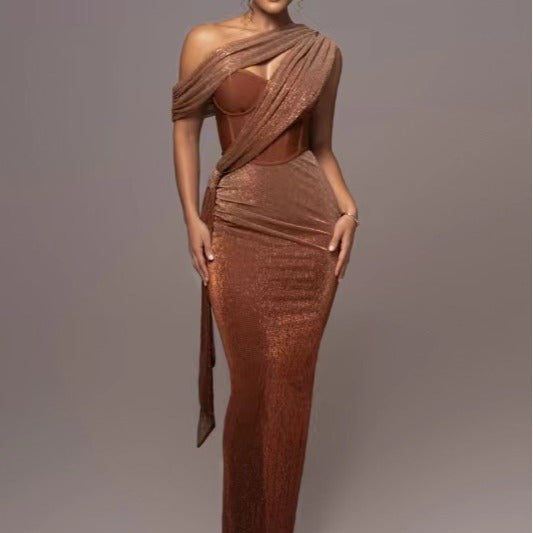 Damen Glamouröses Maxi-Abendkleid mit asymmetrischem Ausschnitt und schimmerndem Drapierungsdesign Drune
