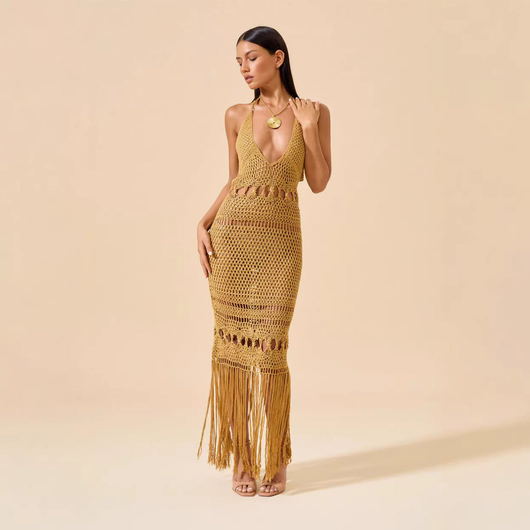 Damen Häkel-Strandkleid mit tiefem V-Ausschnitt und kreativem Cut-Out Drune