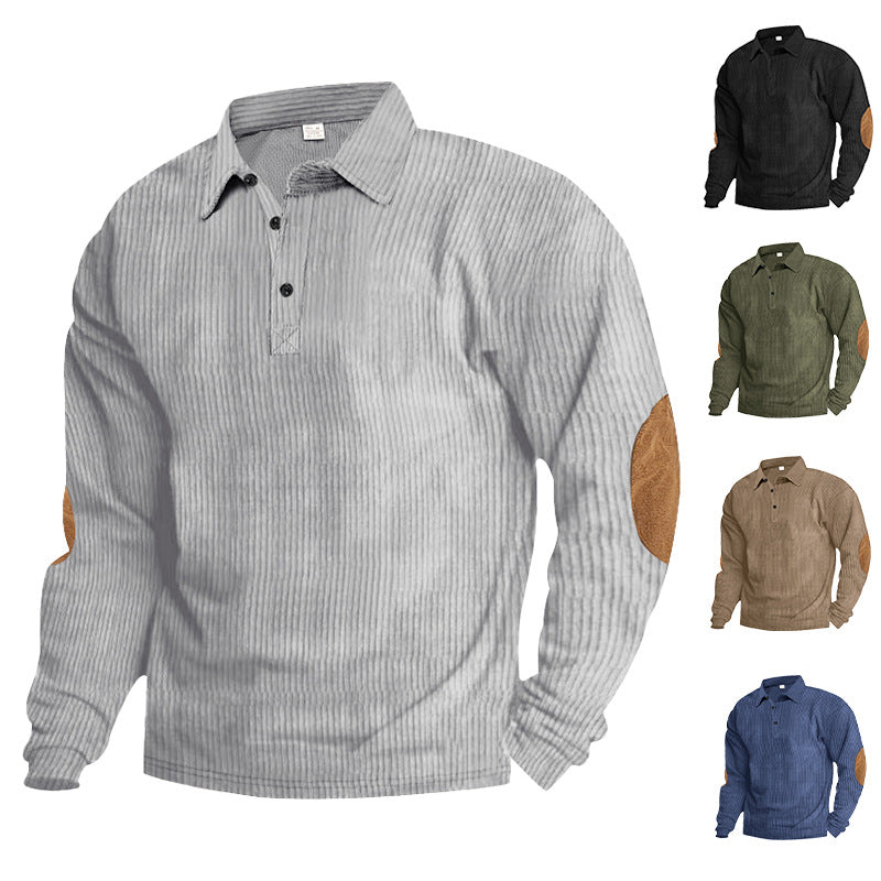 Herren lässiges Langarm-Henley-Shirt mit strukturiertem Rippenstoff und kontrastierenden Ellbogenpatches Drune