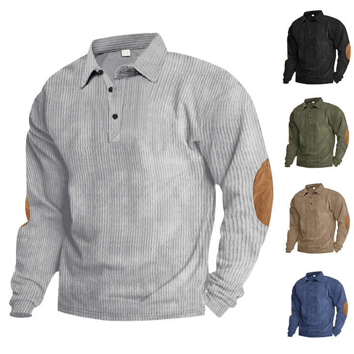 Herren lässiges Langarm-Henley-Shirt mit strukturiertem Rippenstoff und kontrastierenden Ellbogenpatches Drune