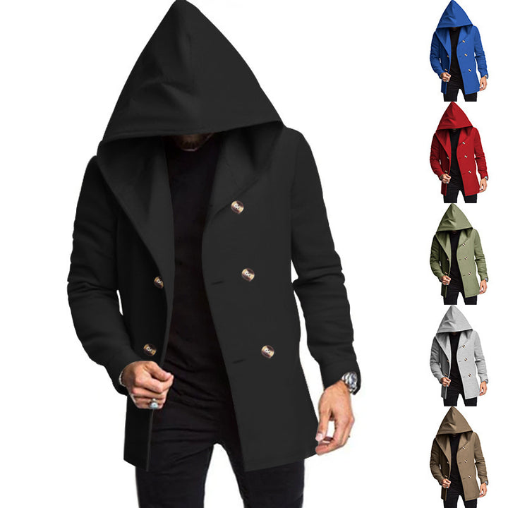 Herren modischer Mantel mit Kapuze und doppelter Knopfreihe Drune