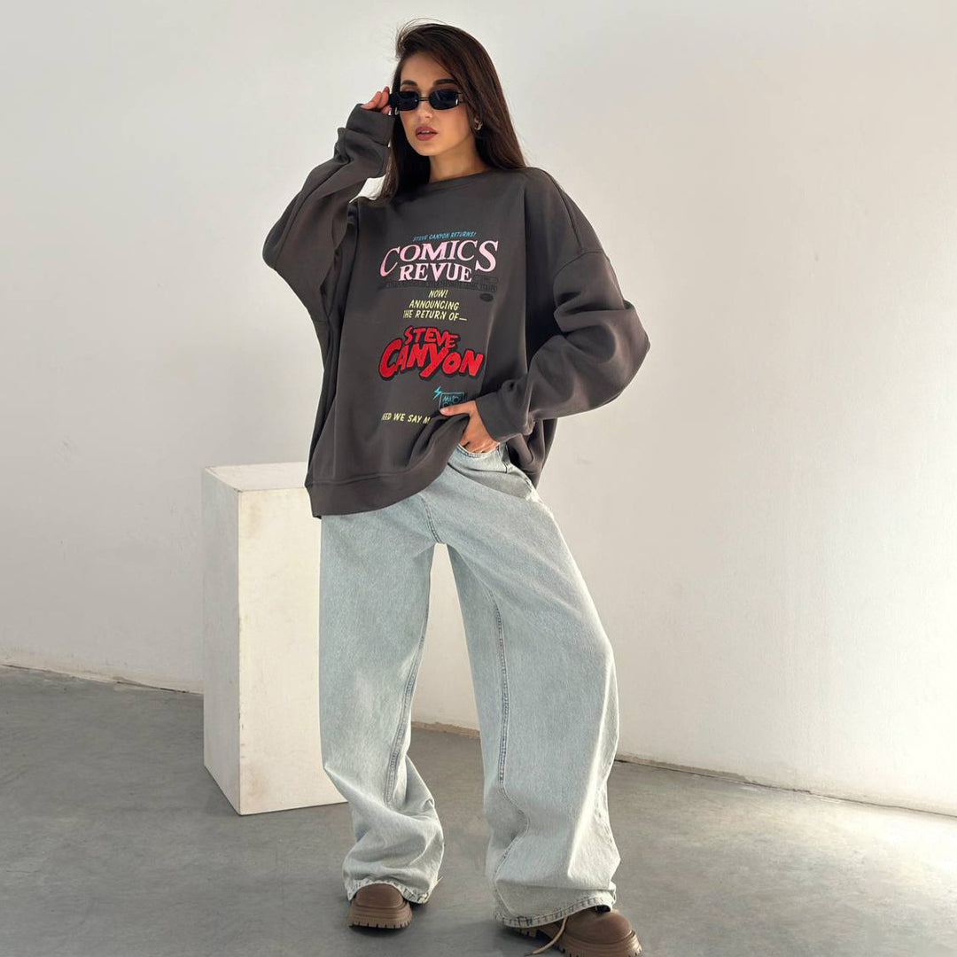 Damen Oversized Sweatshirt mit auffälligem Grafikdruck Drune