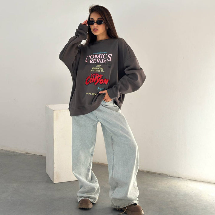 Damen Oversized Sweatshirt mit auffälligem Grafikdruck Drune
