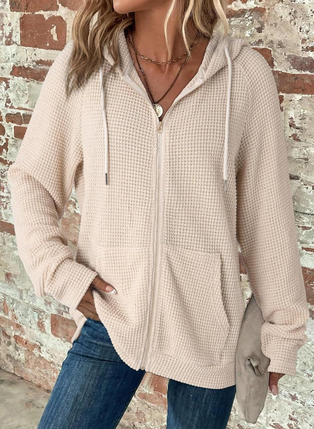 Damen Waffel-Pulloverjacke mit Kapuze und Taschen Drune