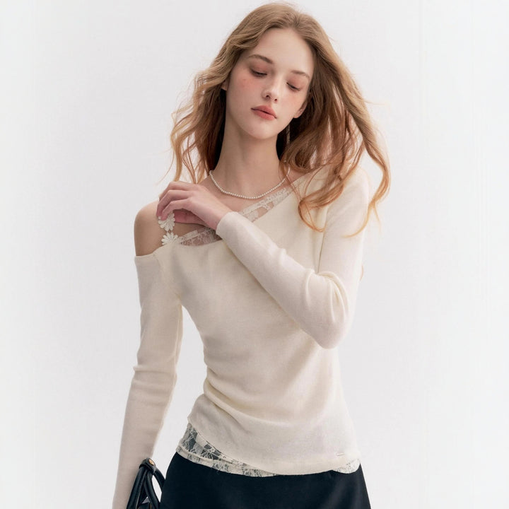 Damen Elegantes Oberteil mit transparentem Spitzenbesatz Drune