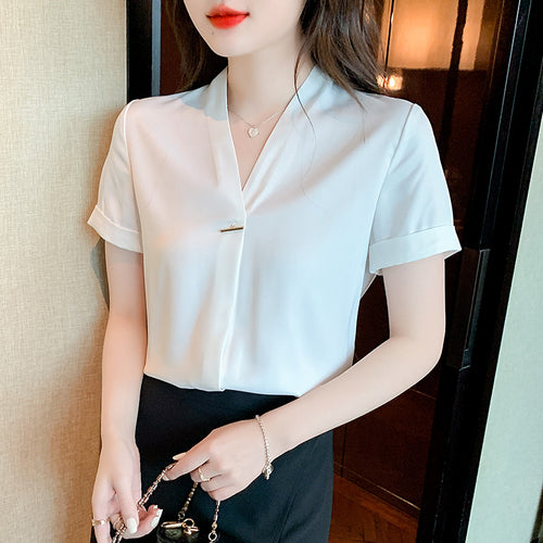 Damen Elegante Bluse mit V-Ausschnitt und modischem Knopfdetail Drune
