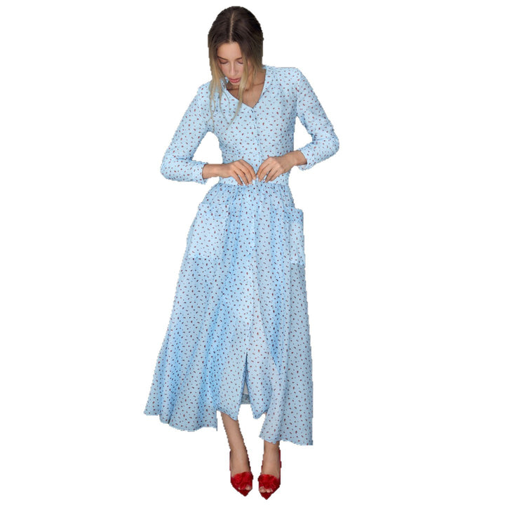 Damen Maxi-Silhouette Kleid mit eleganten Rüschendetails und Knopfleiste Drune