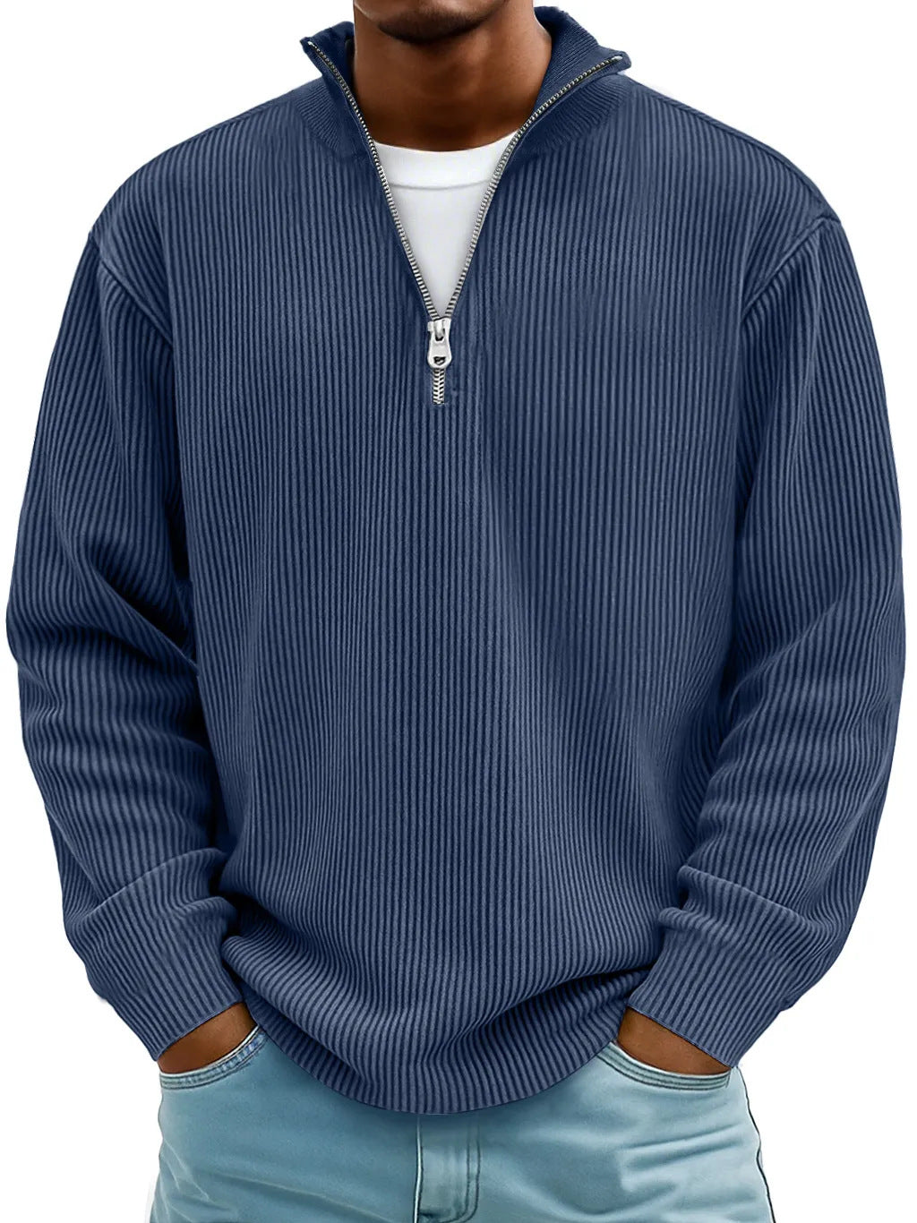 Herren nan gerippter Strickpullover mit halbem Reißverschluss und Stehkragen Drune