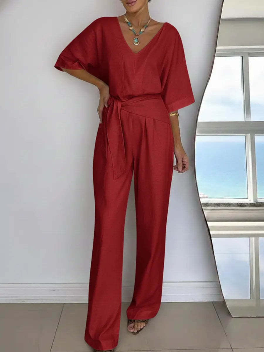 Damen Eleganter Jumpsuit mit tailliertem Schnitt und Wickelgürtel Drune