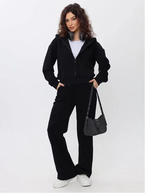 Damen nan zweiteiliges Cozy-Loungewear-Set mit Reißverschlusskapuze, taillenhoher Weitbein-Jogger und verdeckten Eingrifftaschen Drune
