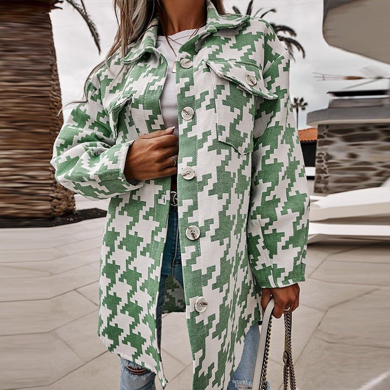 Damen Oversized Jacke im modernen Hahnentrittmuster mit praktischen Taschen Drune