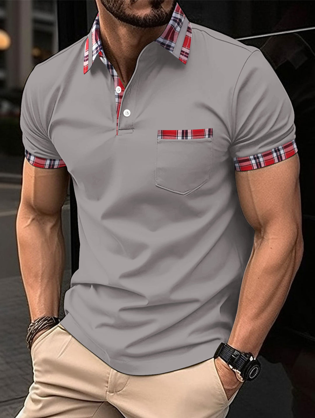 Herren Poloshirt mit modernem Karo-Design und Brusttasche Drune
