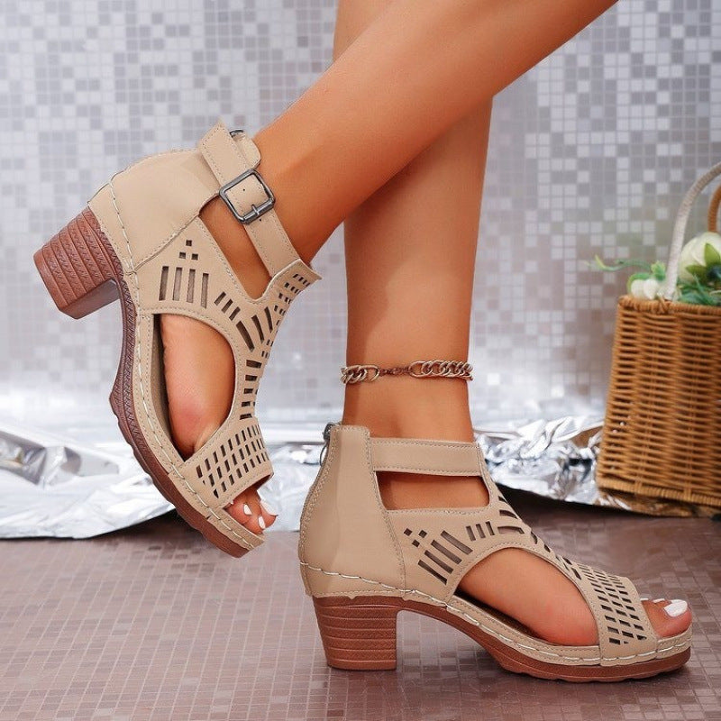 Damen trendige Sandalen mit durchbrochenem Design und Holz-Elementen Drune