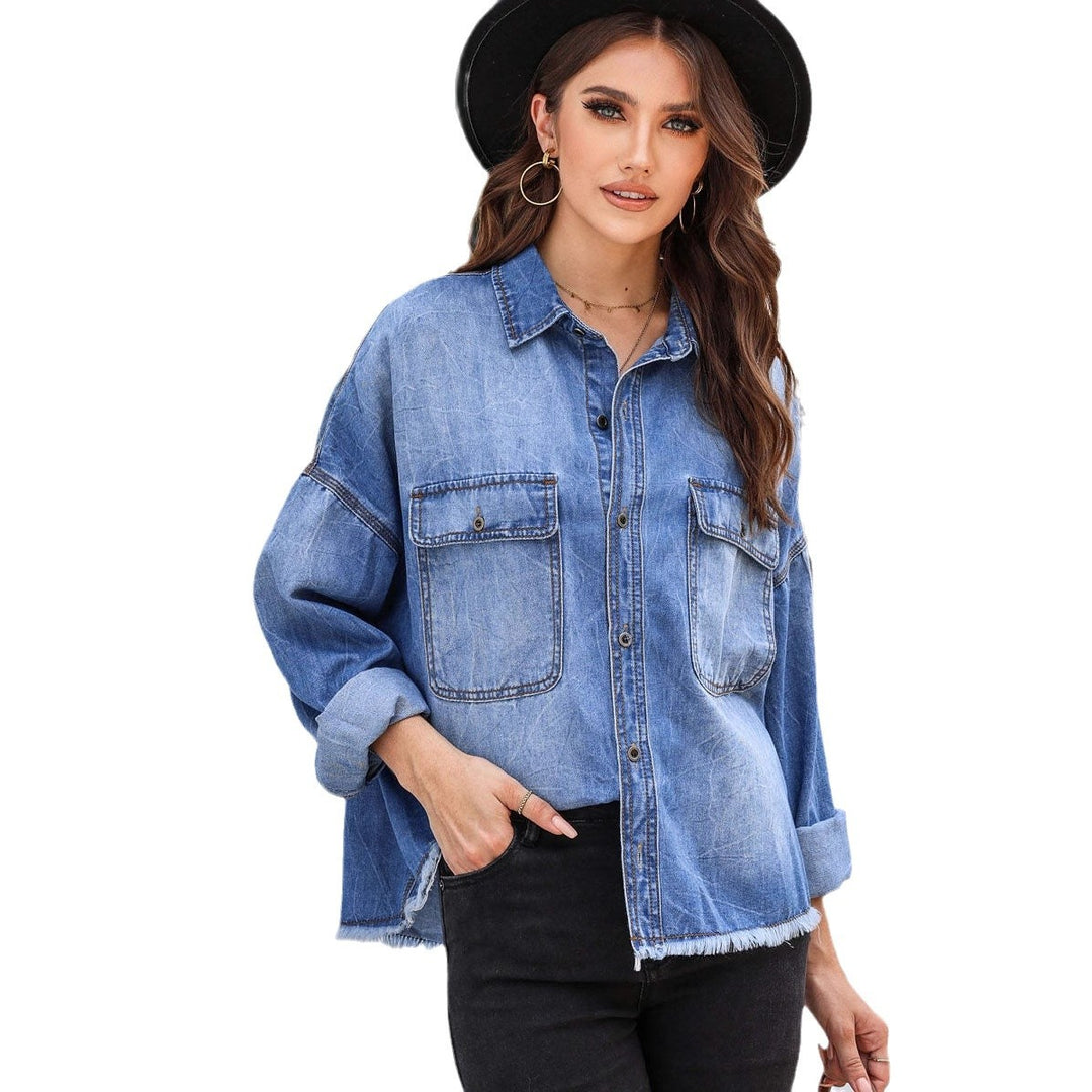 Damen lässige Oversized Jeanshemd mit aufgesetzten Taschen Drune