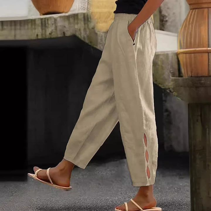 Damen Leichte Leinenhose mit seitlichen Schlitzen und elastischem Bund Drune