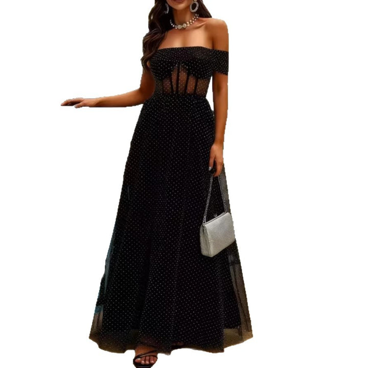 Damen Elegant schulterfreies Maxikleid mit transparenten Einsätzen und Pünktchenmuster Drune