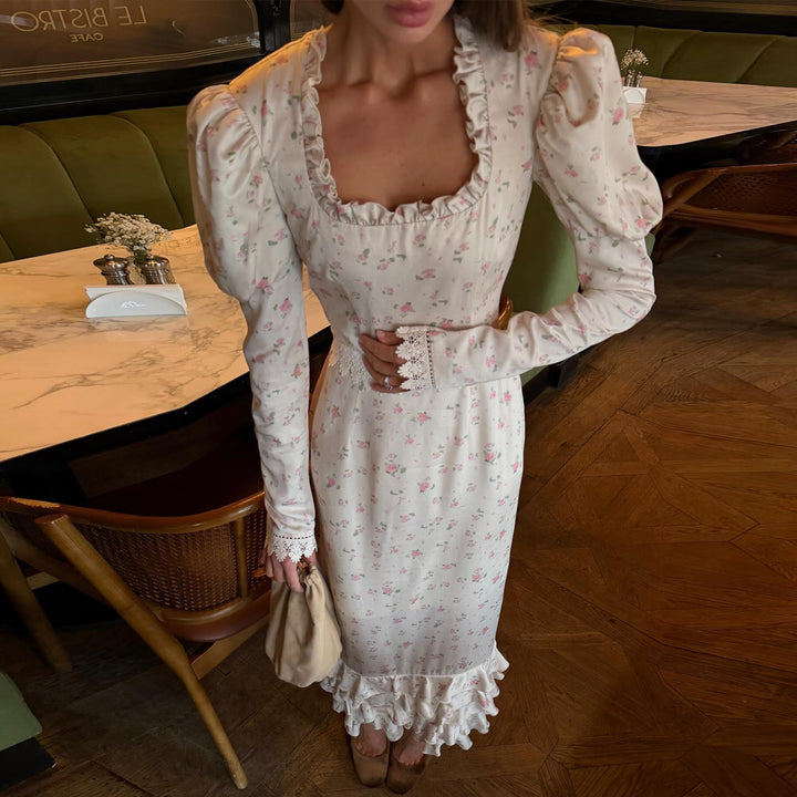 Damen Elegantes Maxikleid mit zarten Rüschenärmel und floralem Muster Drune