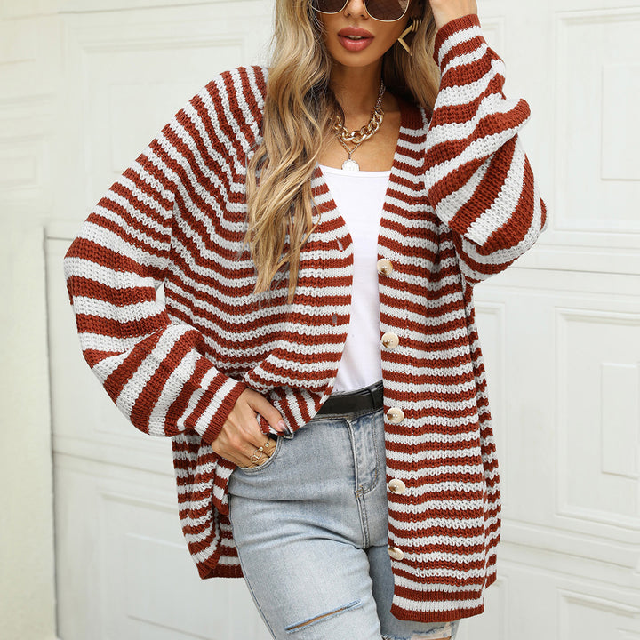 Damen lässige Strickjacke mit breitem Streifenmuster und Knopfdetail Drune