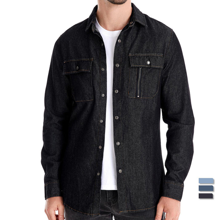 Herren nan tailliertes Jeanshemd mit Kentkragen, aufgesetzten Brusttaschen und Kontraststeppung Drune