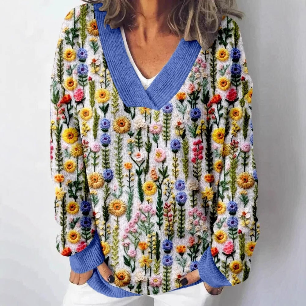 Damen V-Ausschnitt Pullover mit floralem Muster und lässigem Schnitt Drune