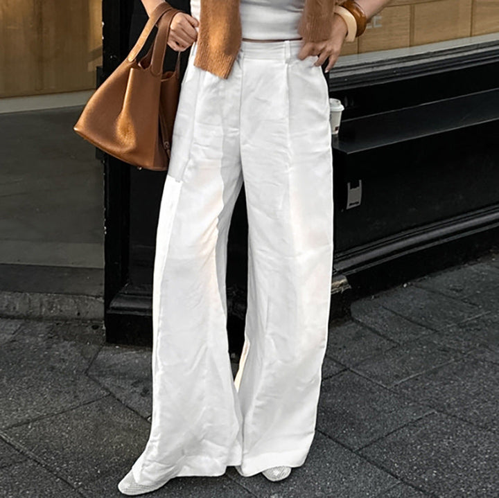 Damen Weit Geschnittene Leinenhose mit Elastischem Bund und Hohem Taillenbund Drune