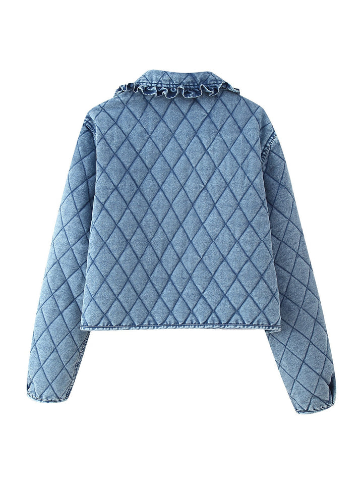 Damen gesteppte Jeansjacke mit Rüschendetails und Bindeverschluss Drune