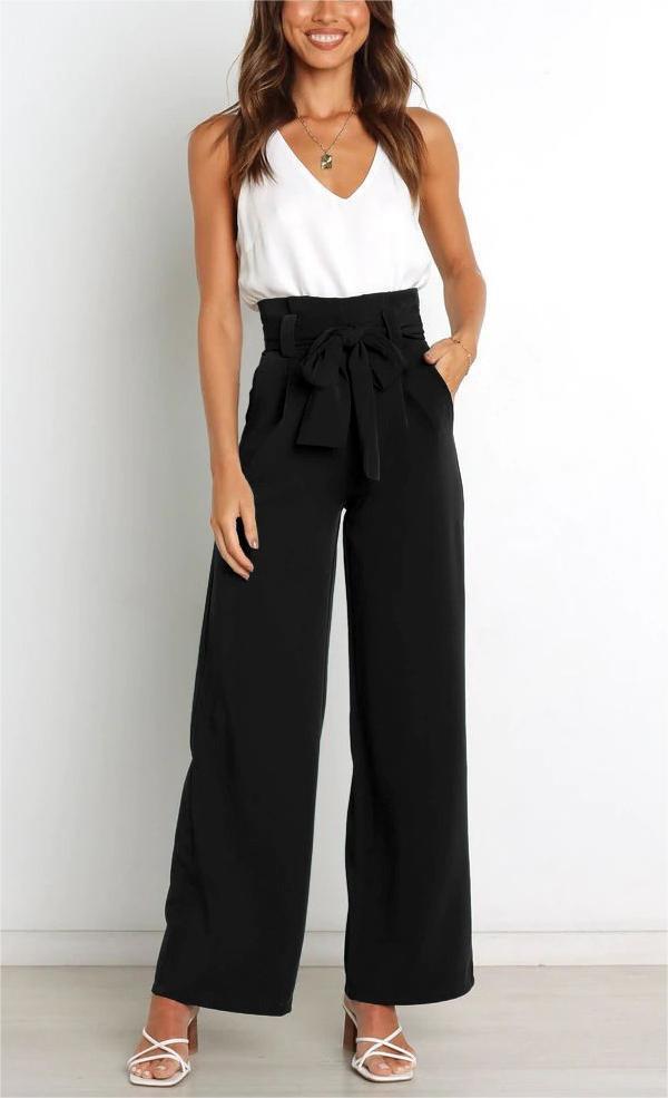 Damen Weit geschnittene High-Waist-Hose mit Binde-Gürtel und Taschen Drune