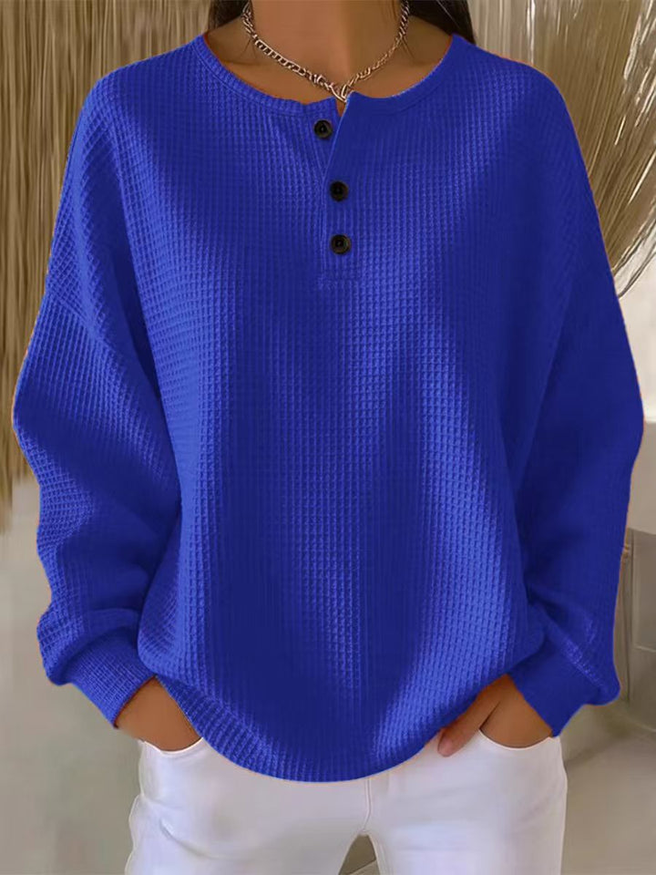 Damen nan Oversized Waffelstrick Henley-Pullover mit Knopfleiste und abgerundetem Saum Drune