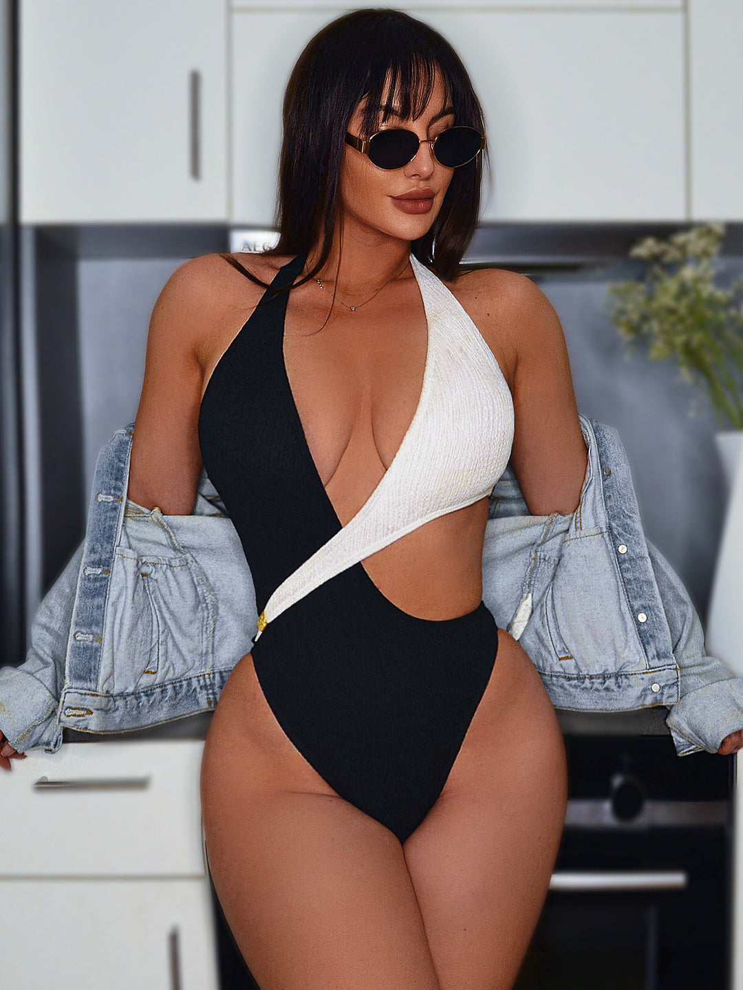 Damen Hochgeschnittener Cut-Out Badeanzug mit asymmetrischem Design Drune