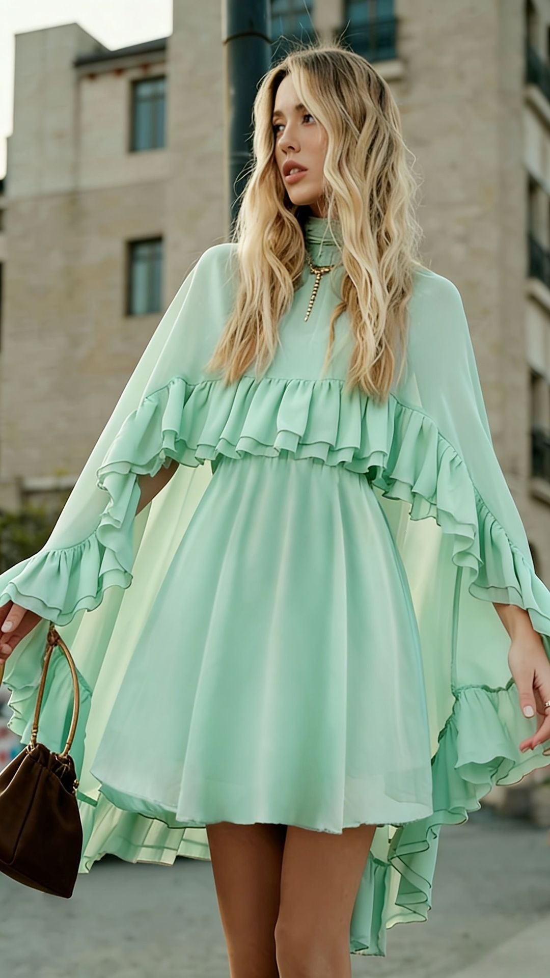 Damen Elegantes Rüschendress mit hochgeschlossenem Ausschnitt und fließendem Schnitt Drune