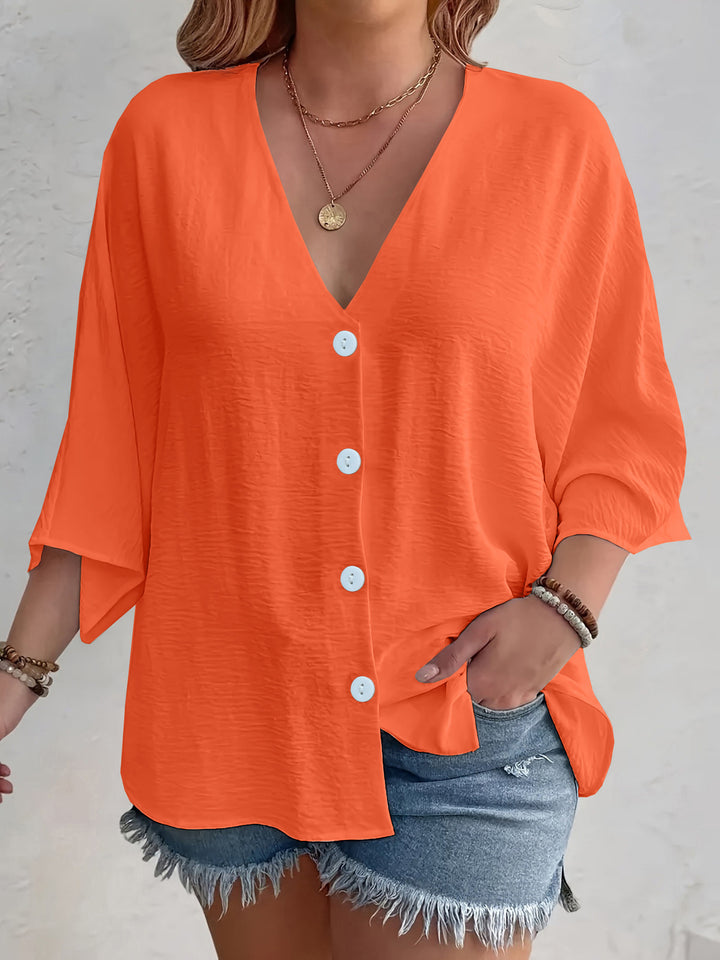 Damen Viskose Oversize-Bluse mit V-Ausschnitt und Knopfdetails Drune