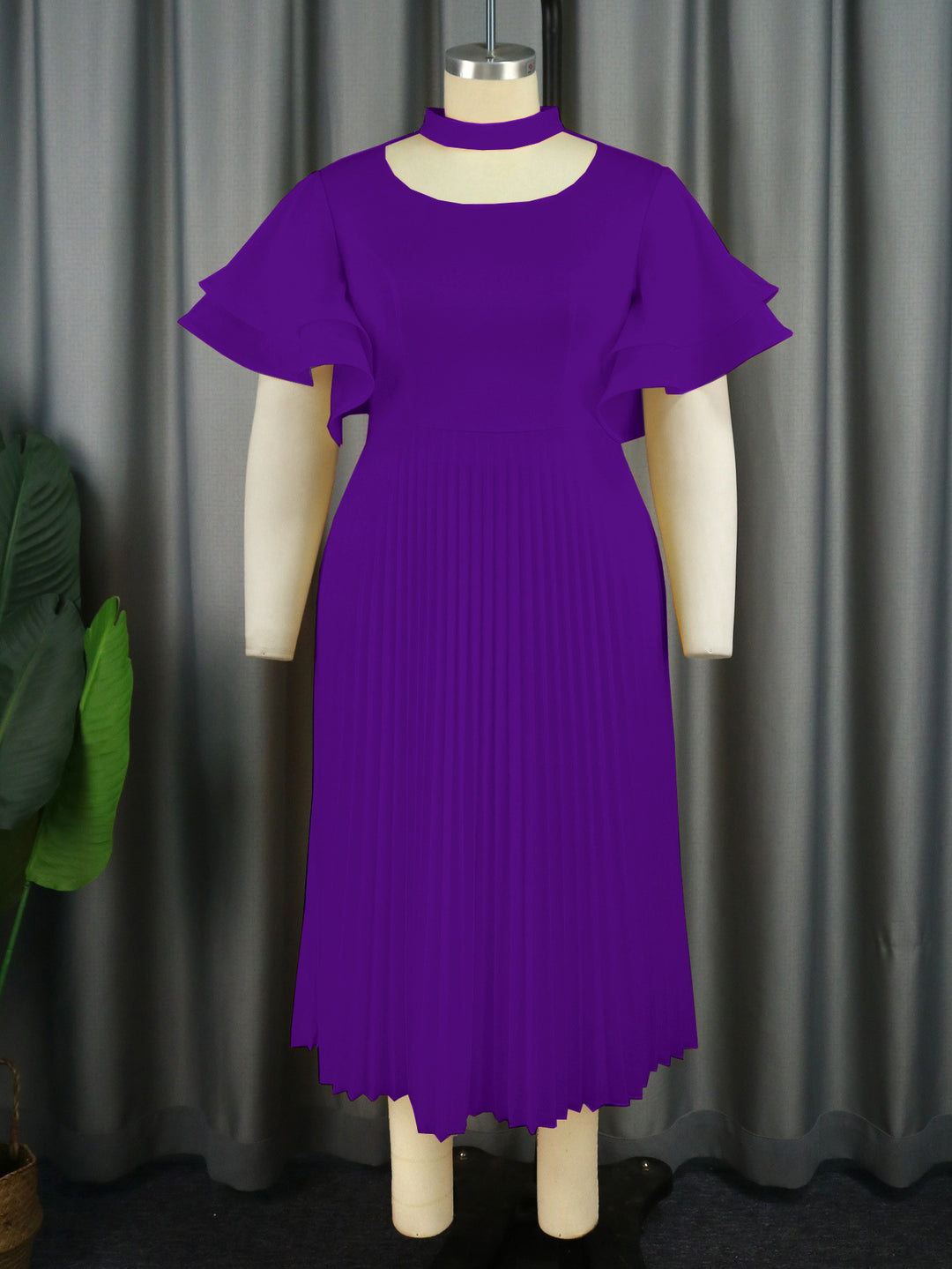 Damen Plissee Maxikleid mit Choker und voluminösen Ärmeln Drune