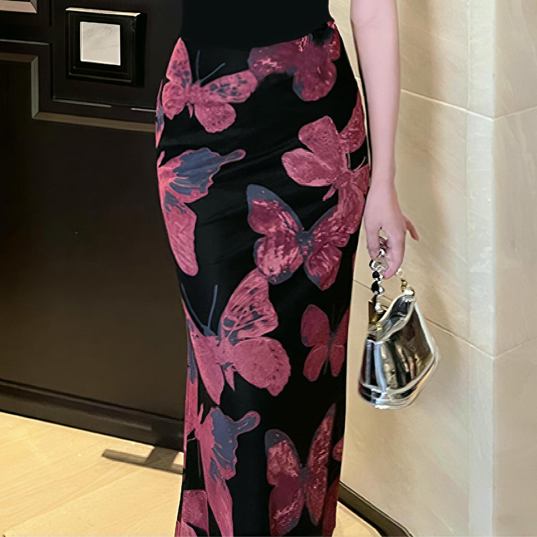 Damen Elegantes Maxikleid mit floralen Schmetterlingsmustern und transparentem Saum Drune