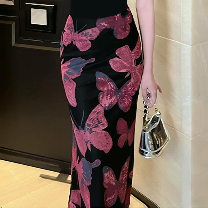 Damen Elegantes Maxikleid mit floralen Schmetterlingsmustern und transparentem Saum Drune