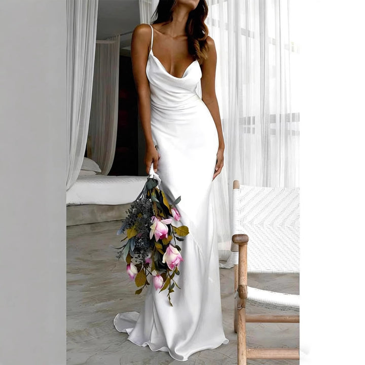 Damen Elegantes Satin-Hochzeitskleid mit tiefem V-Ausschnitt und schmalen Spaghettiträgern Drune