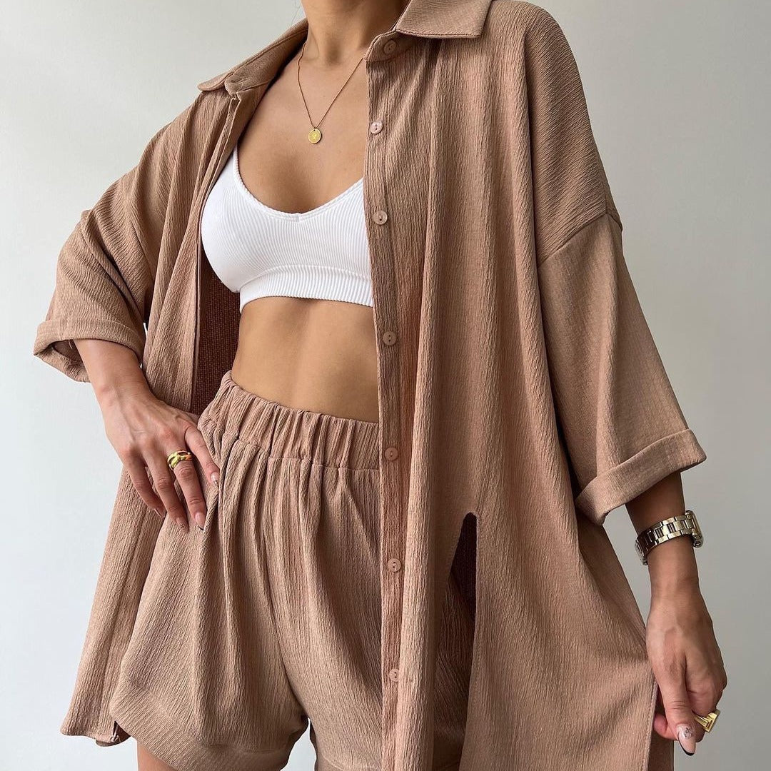 Damen lässiges Hemd und Shorts Set mit strukturiertem Stoff Drune