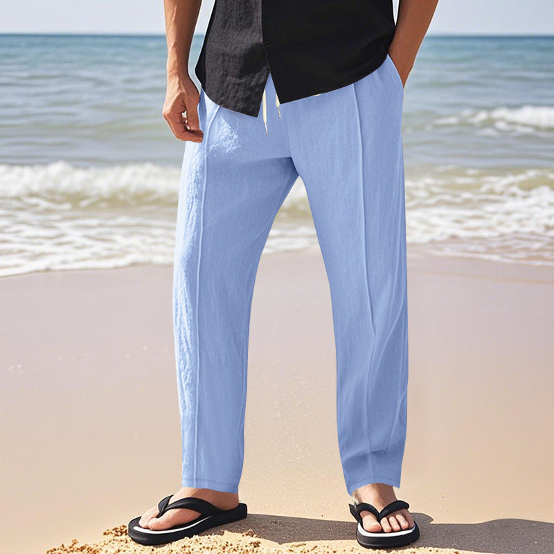 Herren nan relaxed-fit Sommer-Leinenhose mit Bügelfalte elastischem Tunnelzug und Seitentaschen Drune