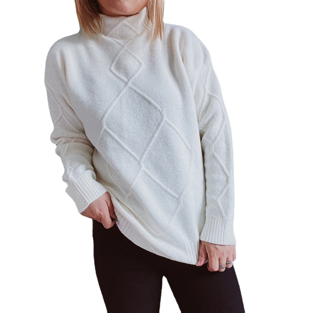 Damen Grobstrickpullover mit elegantem Rautenmuster und hohem Kragen Drune