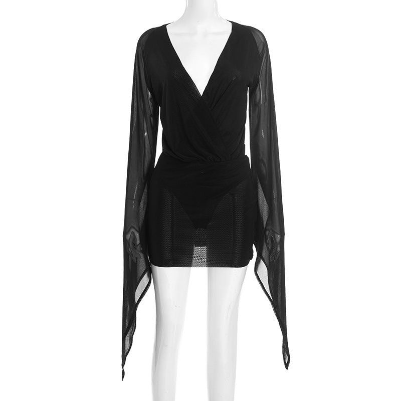 Damen Wickelkleid mit transparenten Ärmeln Drune