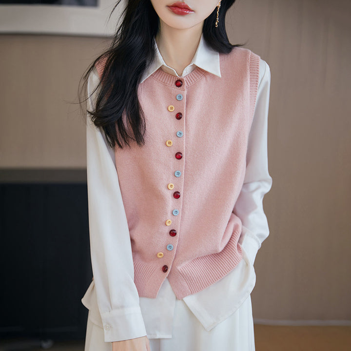 Damen Strickweste mit bunten Knopfdetails und feinem Material Drune