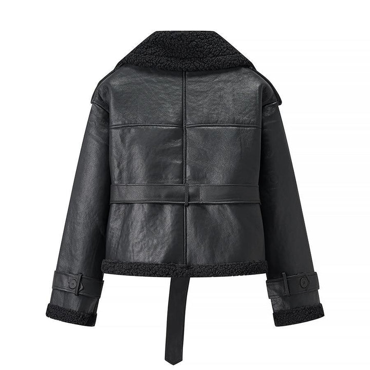 Damen Kunstlederjacke mit Teddy-Futter und taillierbarem Gürtel Drune