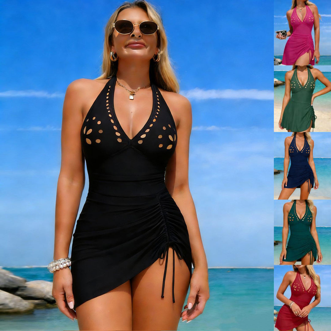 Damen Einteiler Badeanzug mit verstellbarem Wickeldesign und modischem Ausschnitt Drune