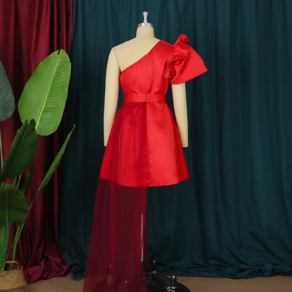 Damen asymmetrisches Cocktailkleid mit Volant und Taillenschnürung Drune
