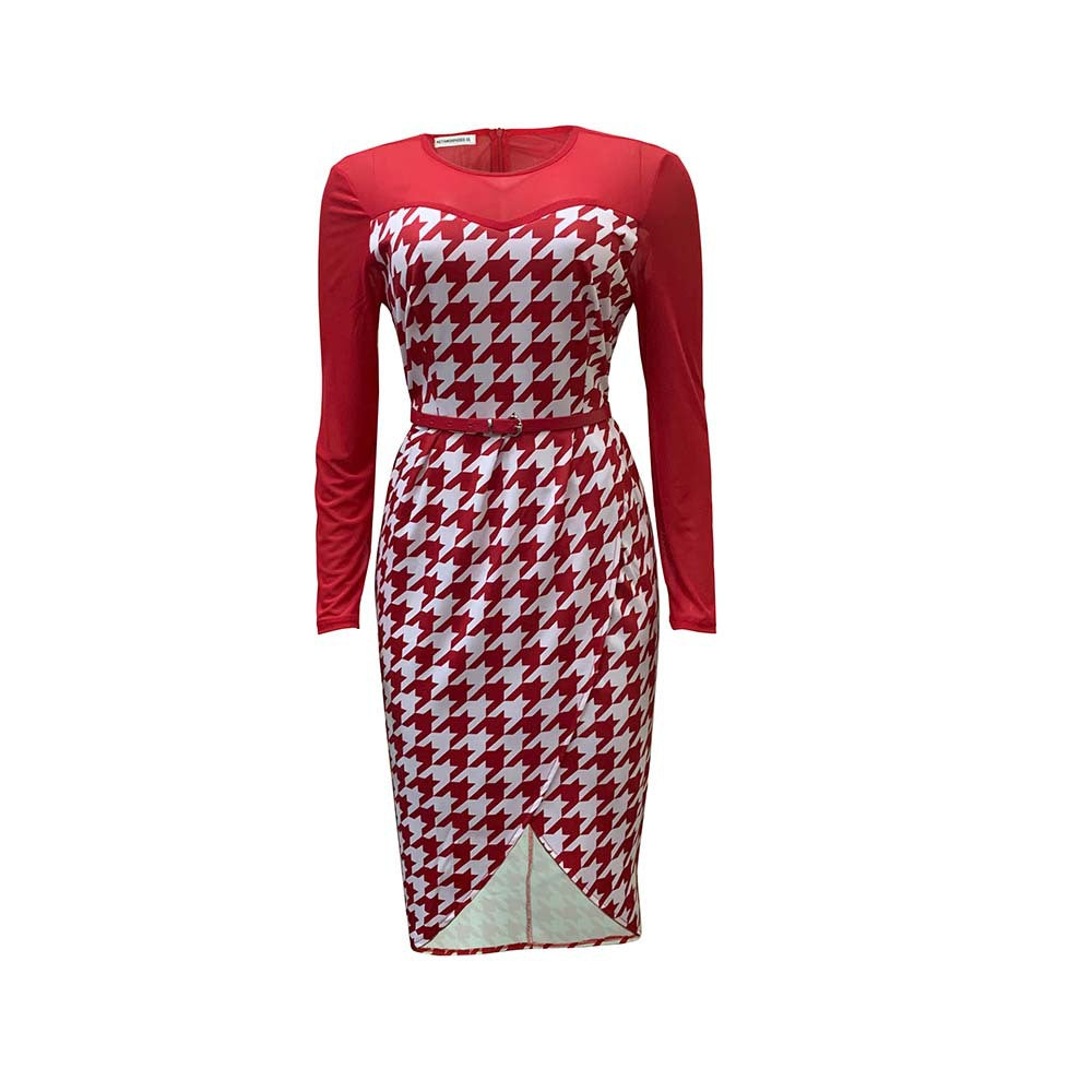 Damen elegantes und figurbetontes Kleid mit Langarm und schickem Hahnentritt-Design Drune