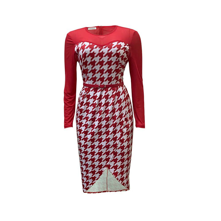 Damen elegantes und figurbetontes Kleid mit Langarm und schickem Hahnentritt-Design Drune