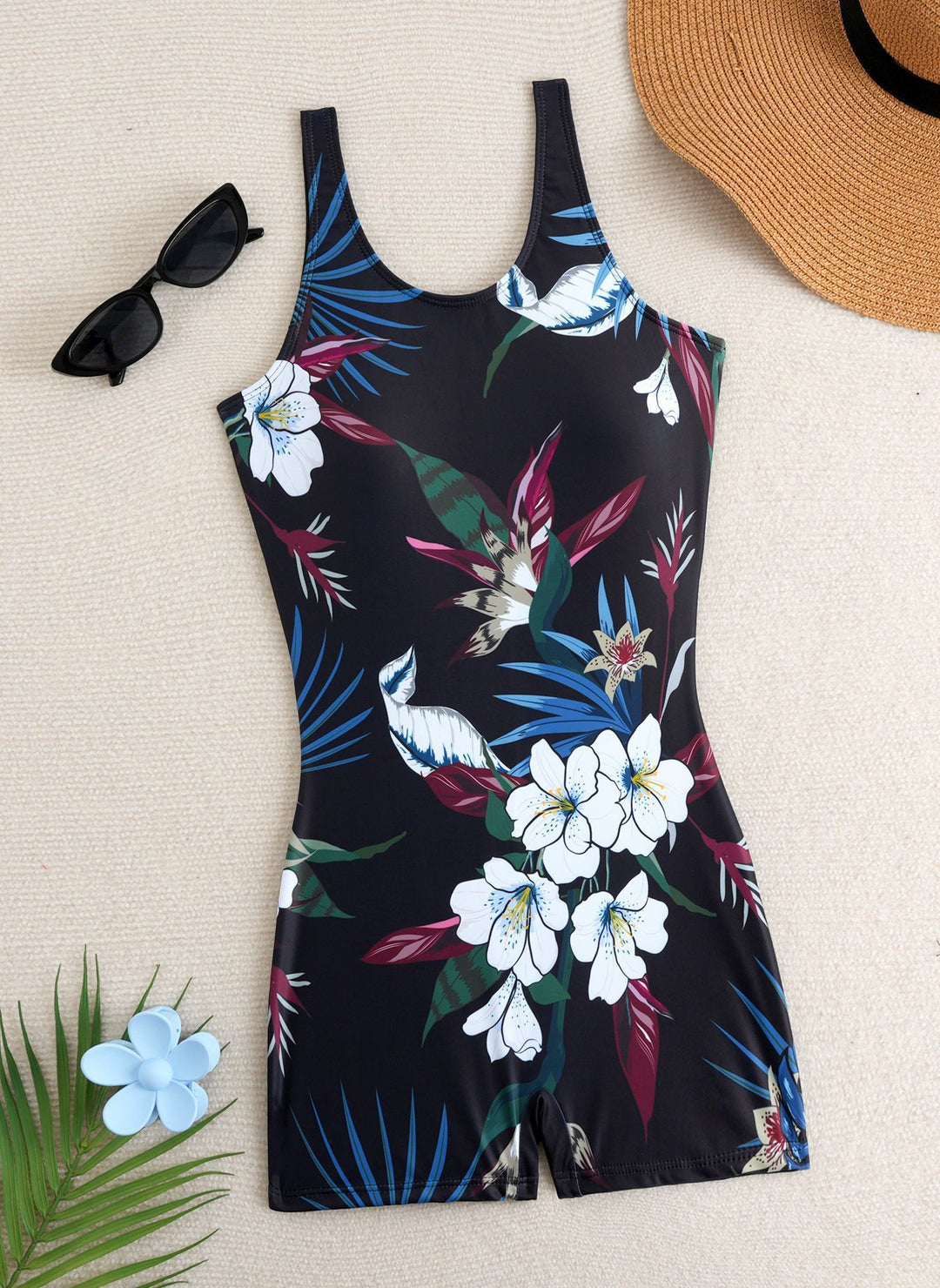 Damen Einteiler Badeanzug mit floralen Mustern und sportlichem Schnitt Drune