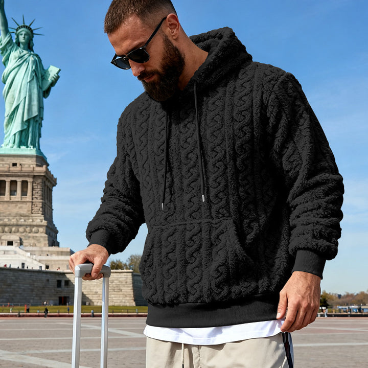 Herren nan Kuscheliger Sherpa-Hoodie mit Zopfmuster, Kängurutasche und Rippbündchen Drune