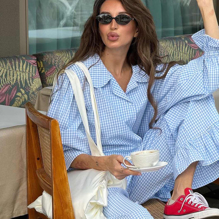 Damen Lässiges Karomuster-Pyjama-Set mit voluminösen Ärmeln und Rüschen Drune